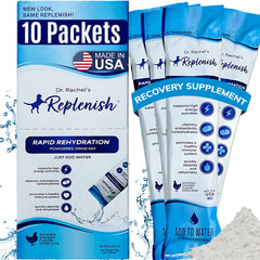 Replenish dog recovery water packet prepared for post-activity hydration.