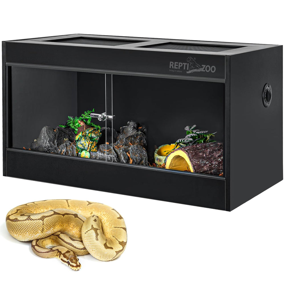 REPTI ZOO 50-gallon enclosure front view shows roomy habitat for reptiles