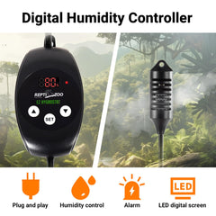 REPTI ZOO LED screen shows real-time humidity readings for quick adjustments.