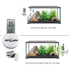 REPTI ZOO LCD display shows real-time temperature and humidity readings.