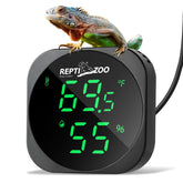 REPTI ZOO thermometer hygrometer front view shows real-time terrarium readings.