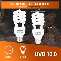 REPTI ZOO UVB bulbs deliver 10.0 UVB and 30% UVA for active terrarium days.