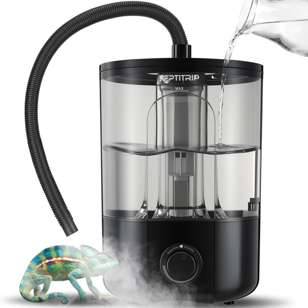 REPTITRIP 1-gallon humidifier emits ultrafine mist for steady terrarium humidity.