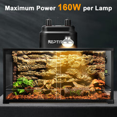 REPTITRIP dual fixture side view demonstrates balanced UVB and heat distribution in a compact terrarium.