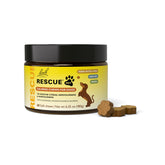 RESCUE Pet Chews bottle closeup showing calming formula for anxious dogs.