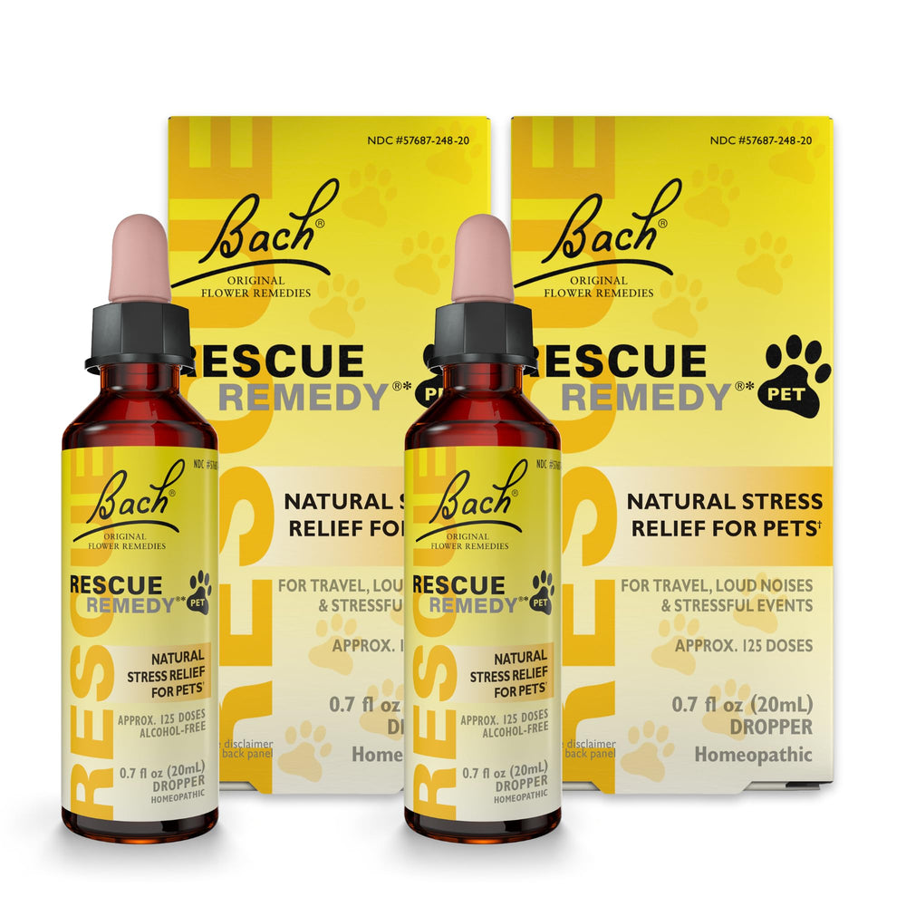 RESCUE Remedy Pet Dropper bottle front shows the stress-support label.