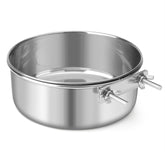 Reshiho stainless steel dog bowl hanging on a cage for mess-free meals