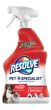 Resolve Pet Specialist Carpet Cleaner bottle demonstrates stain removal on upholstery