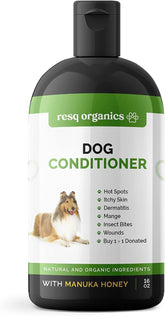 ResQ Organics hypoallergenic dog coat conditioner bottle pour for easy application and smooth fur.