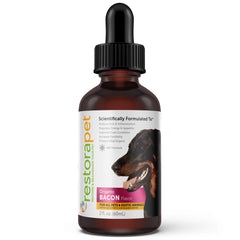 RestoraPet Bacon Liquid Multivitamin bottle for dogs and cats supports daily wellness.