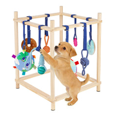 Retyion wooden-puppy-play-gym in a cozy corner supports safe indoor play for small dogs.