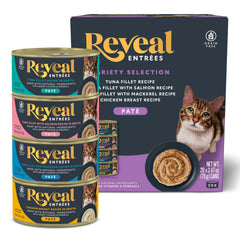 Reveal Entrées Paté cans close-up highlighting grain-free, high-protein nutrition for cats.