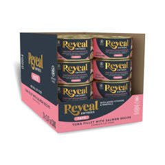Reveal Entrées tuna-salmon paté in a cat bowl with silky texture for hydration and palatability.