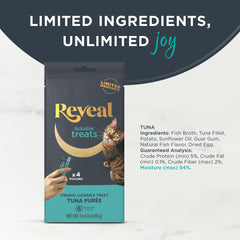 Reveal grain-free cat treats puree packaging; supports grain-free diets with natural ingredients.