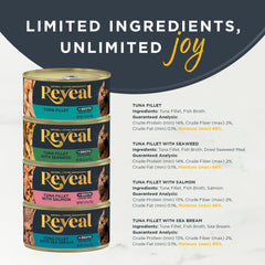 Reveal Grain-Free Recipe highlights limited ingredients for sensitive tummies and simple nutrition.