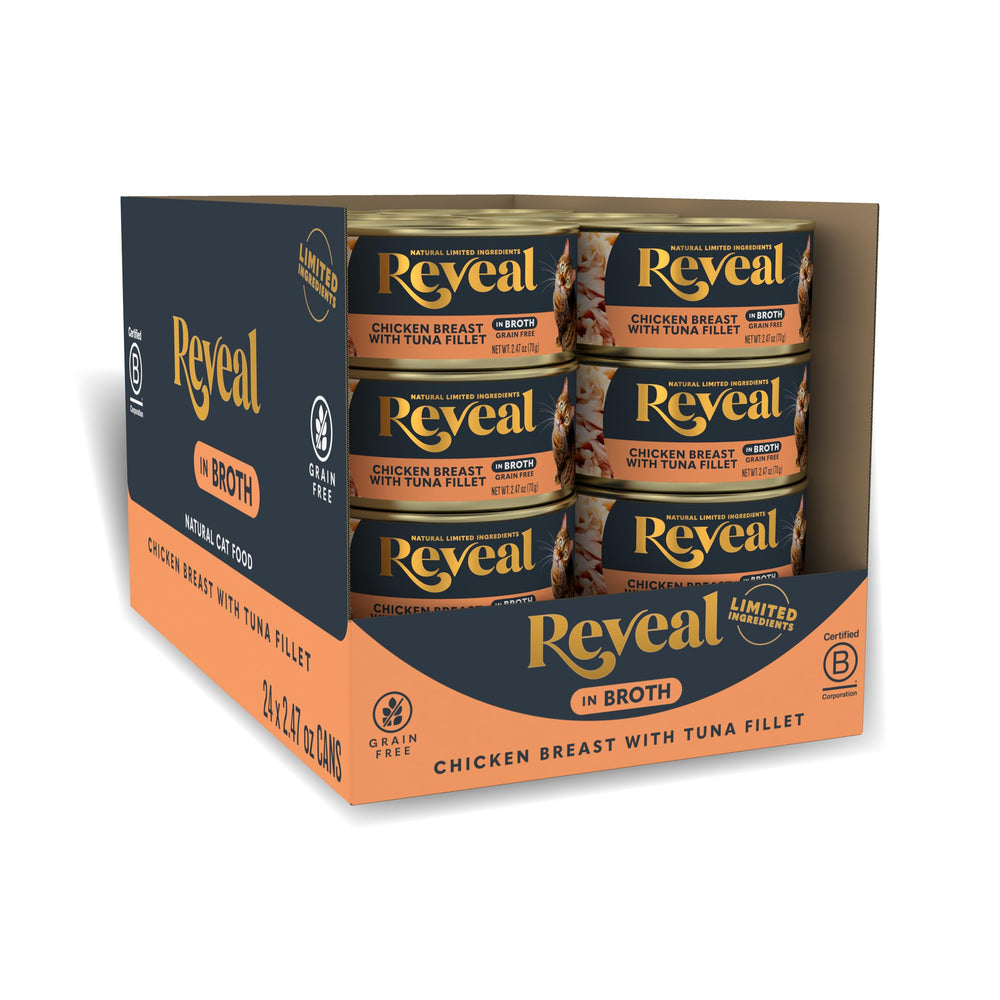Reveal natural wet cat food cans in broth highlight hydration and high protein.