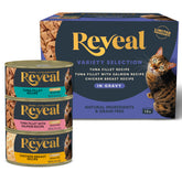 Reveal natural wet cat food cans in gravy highlight protein and hydration