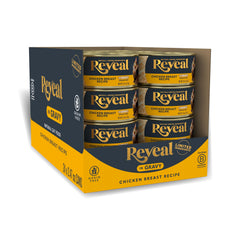Reveal natural wet cat food cans show grain-free, high-protein recipe for pets.