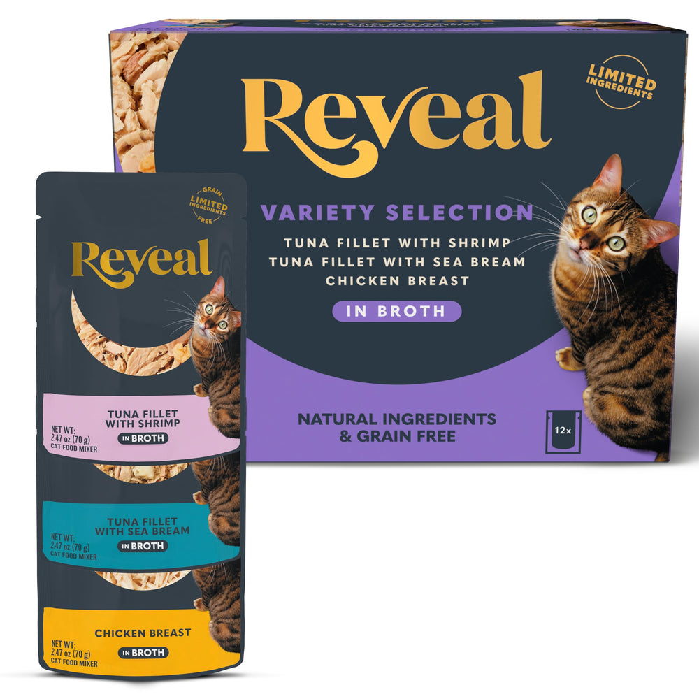 Reveal natural wet cat food pouch tuna shrimp shows real protein for discerning cats