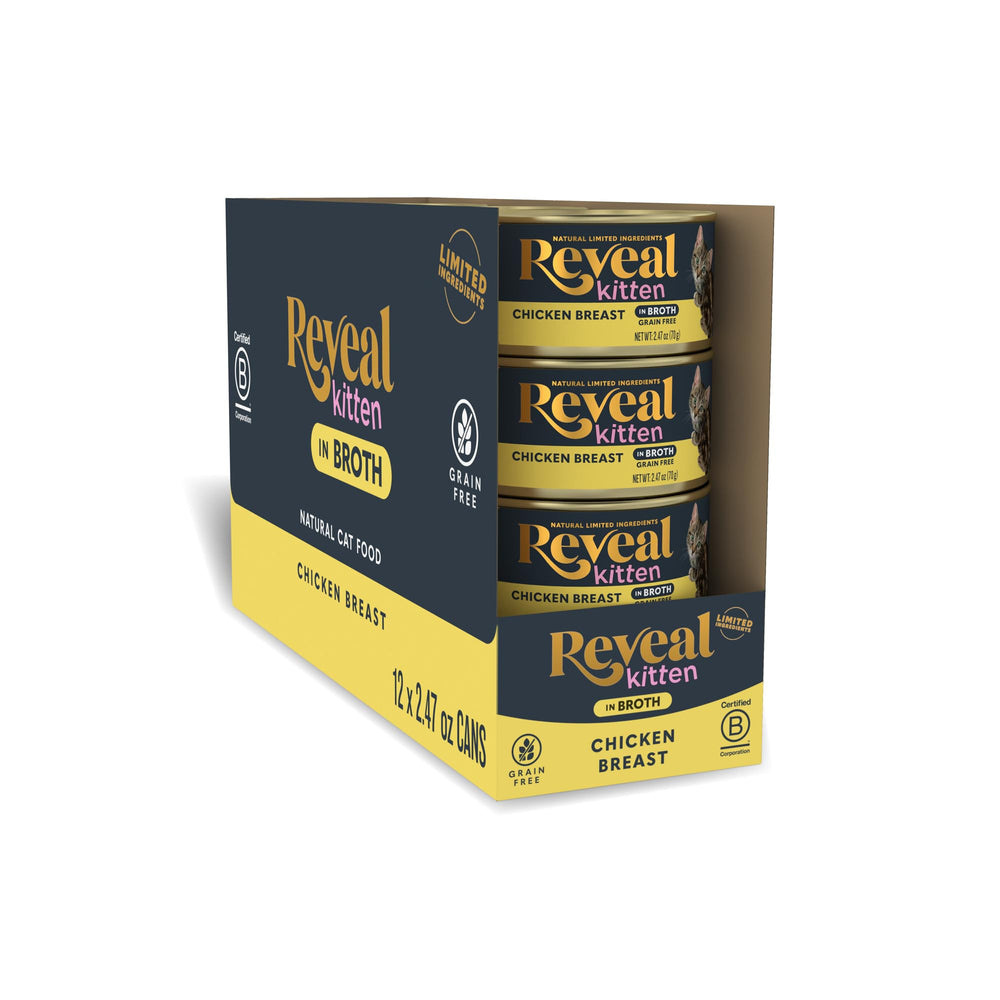Reveal natural wet kitten food with chicken breast in broth for hydration and protein.