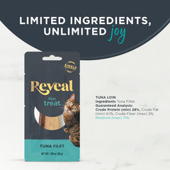 Reveal tuna loin cat enjoying the treat showcases lean protein indulgence