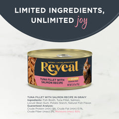 Reveal tuna-salmon gravy variety shown in a serving cup for cats