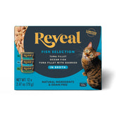 Reveal Natural Wet Cat Food variety pack front label highlights grain-free, high-protein meals.