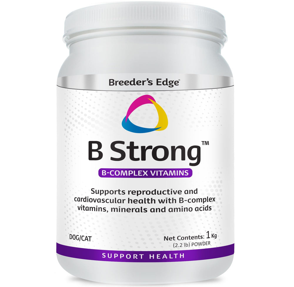 Revival Breeder's Edge B Strong powder tub shown, supports reproductive health in dogs and cats.