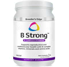 Revival Breeder's Edge B Strong powder tub shown, supports reproductive health in dogs and cats.