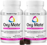 Revival Animal Health's Breeder's Edge Oxy Mate bottle label highlights iron, folic acid, and zinc for prenatal nutrition.