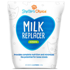 Revival Shelter's Choice kitten milk replacer bottle shows ready-to-mix formula for orphaned kittens.