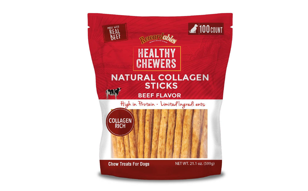Rewardables Beef Flavor Collagen Chews bottle shows real beef coating for a tasty reward and potential joint support.