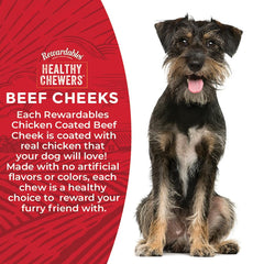 Rewardables dog chewing beef cheek roll in action as a tasty reward.