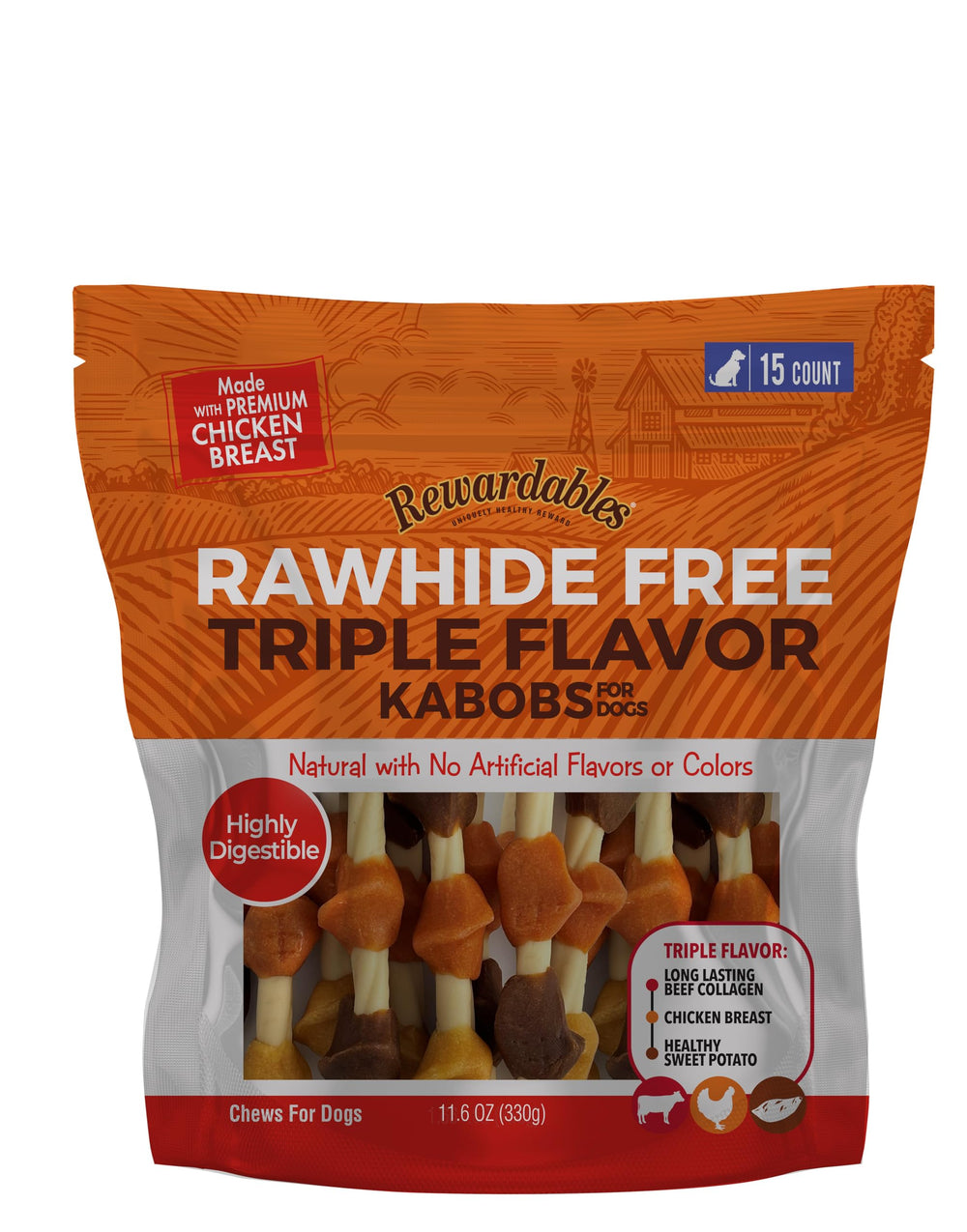 Rewardables kabobs with chicken, beef, and sweet potato for long-lasting chewing