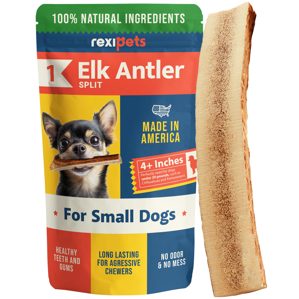 RexiPets elk antlers split for dogs - long-lasting chew for small dogs.