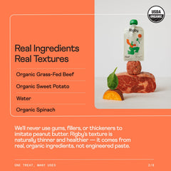 Close-up of Rigby real-food texture in a squeeze pouch