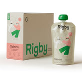Rigby salmon squeeze pouch front view for on-the-go rewards.