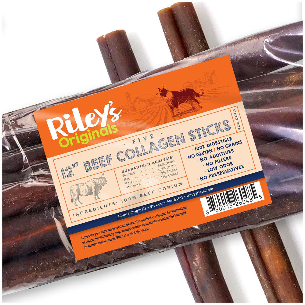 Riley's 12-Inch Beef Collagen Sticks package showing a durable dog chew