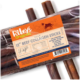 Riley's 12-Inch Beef Collagen Sticks package showing a durable dog chew