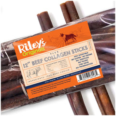 Riley's 12-Inch Beef Collagen Sticks package showing a durable dog chew