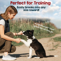 Riley's Dehydrated Beef Lung Treats snack time scene suggests a wholesome, protein-rich treat.