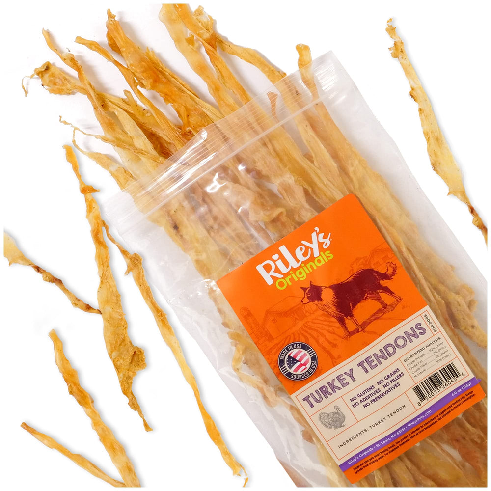 Riley's Turkey Tendons for Dogs, USA-made, chewy training reward.