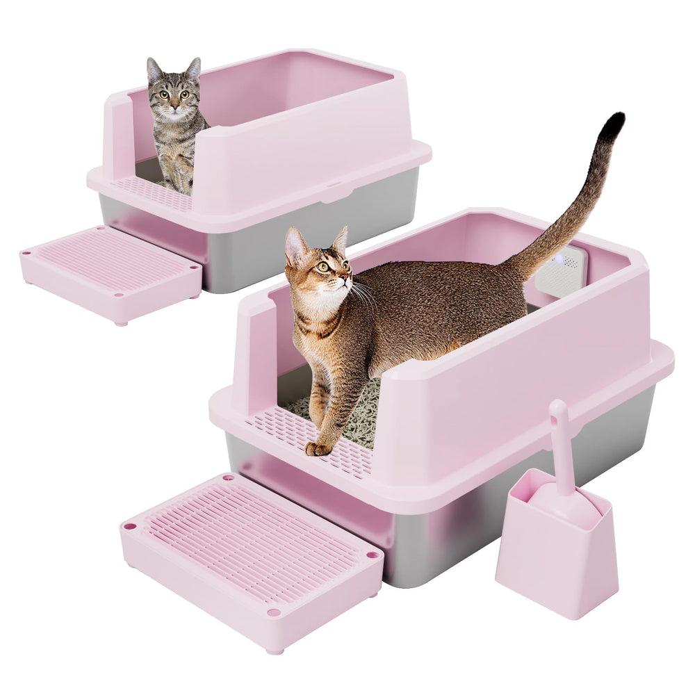 RIZZARI stainless steel litter box with open pink tray for comfortable access