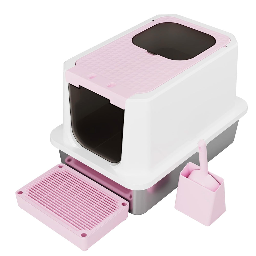 RIZZARI top-entry pink litter box with contained design for tidy apartment spaces.