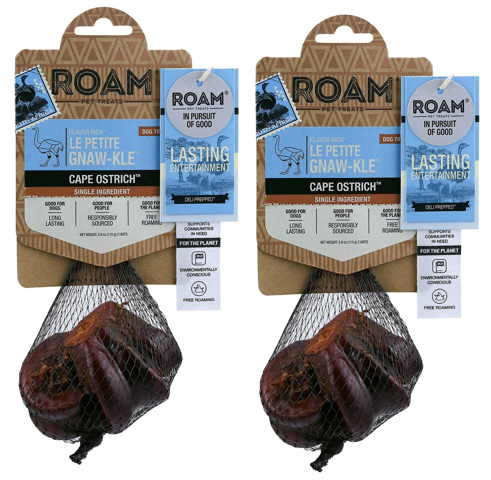 ROAM Ostrich Dog Chew Pack 2 for small dogs provides long-lasting entertainment.