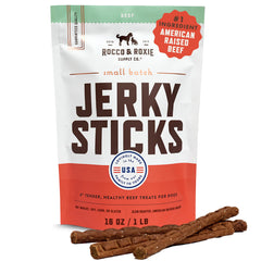 Rocco & Roxie beef jerky dog treats 1lb pack, premium training reward for all breeds.