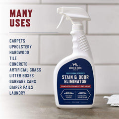 Rocco & Roxie multi-surface cleaner shown on carpet and floor.
