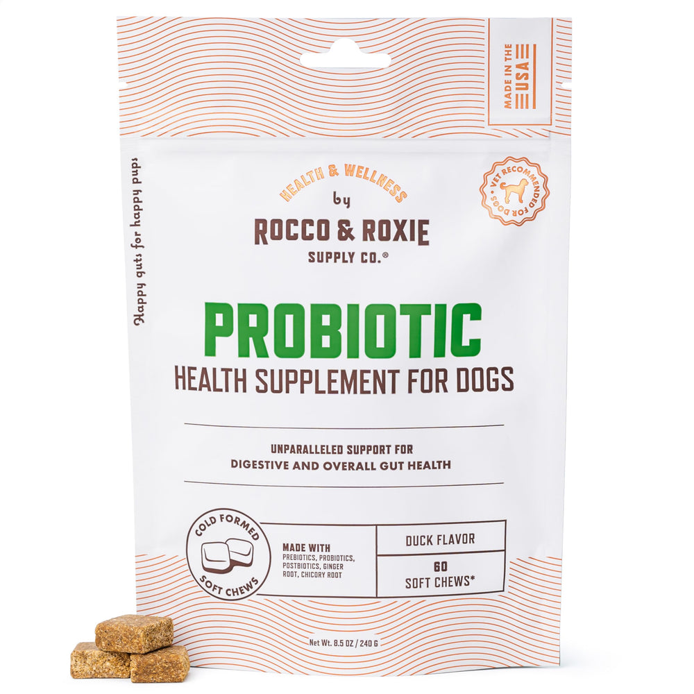 Rocco & Roxie Probiotics dog chews in bag for gut support