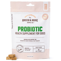 Rocco & Roxie Probiotics dog chews in bag for gut support