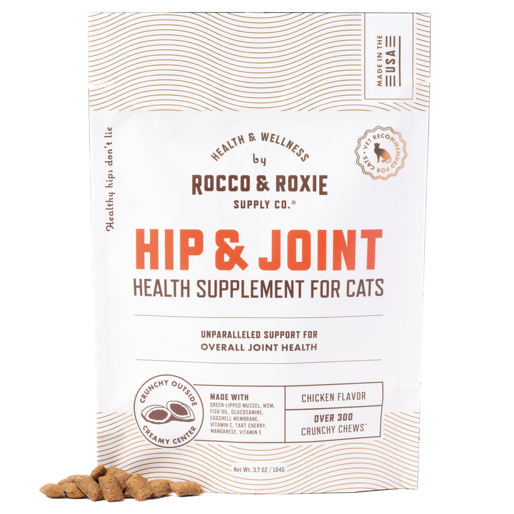 Rocco & Roxie Senior Cat Joint Chews packaging ready for daily activity support.